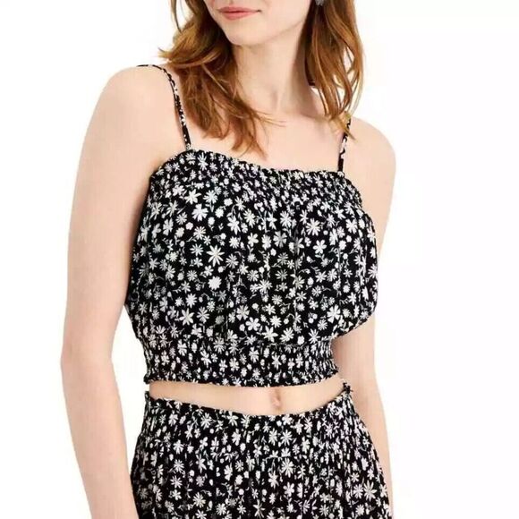 Hippie Rose Bandeau Cropped Tank Top Black Daisy Print Floral Smocked Size S - Picture 1 of 7